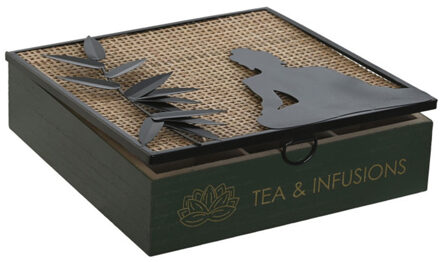 Luxe Theedoos Buddha - 9-vaks - zwart - hout - 24 x 24 x 7 cm - theezakjes opbergen