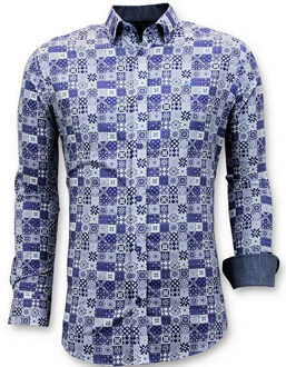 Luxe Trendy Overhemden Heren - Digitale Print - 3055 - Blauw - Maten: L