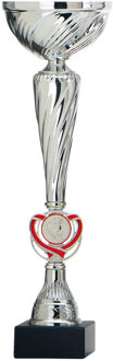 Luxe trofee/prijs beker met rood accent - zilver - kunststof - 32 x 10 cm - sportprijs - Fopartikelen Zilverkleurig