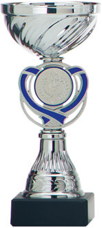 Luxe trofee/prijs beker - zilver - blauw hart - kunststof - 15 x 7 cm - sportprijs - Fopartikelen Zilverkleurig