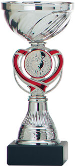 Luxe trofee/prijs beker - zilver - rood hart - kunststof - 15 x 7 cm - sportprijs - Fopartikelen Zilverkleurig