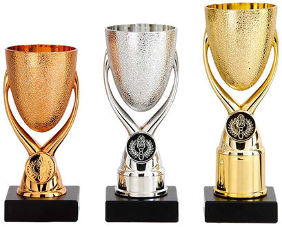 Luxe trofee/prijs bekers - 3x - brons/goud/zilver - metaal - 15 x 6,8 cm - Fopartikelen Goudkleurig