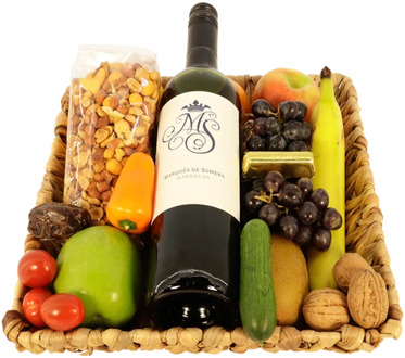 Luxe wijn fruitmand met borrelmixed met borrelmixed Ø 30cm