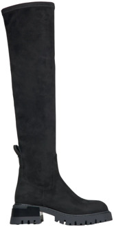 Luxe Zwarte Kniehoge Laarzen van Echt Velours Estro , Black , Dames - 39 Eu,40 Eu,36 Eu,38 Eu,37 EU