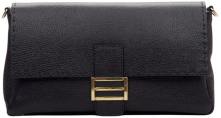 Luxe Zwarte Leren Handtas met Gouden Hardware Estro , Black , Dames - ONE Size
