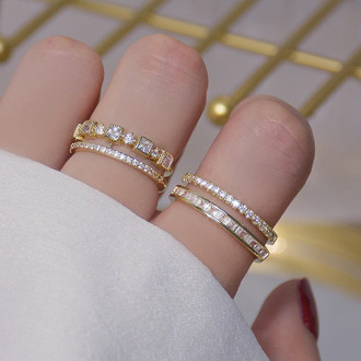 Luxury 14K Real Gold Double Layer Pave Inlaid CZ Open Ring for Women Adjustable Iced Out Cubic Zirconia Brilliant Rings Bijoux