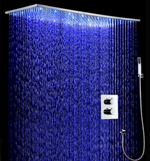 Luxury Bathroom Ceiling LED Shower Set 500*1000mm 304 SUS Brushed Large Rain Shower head Panel Thermostatic Shower Mixer Faucets