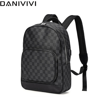 Luxury Brand Designer Backpack Men Bag Lattice Checkboard Black Leather Backpack USB Charging Travel Laptop Business Bagpack