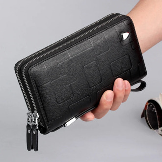 Luxury Brand Men Clutch Bag Genuine Leather Long Purse Double Zipper Money Clip Black Business Cow Leather Wallet Male Handy Bag