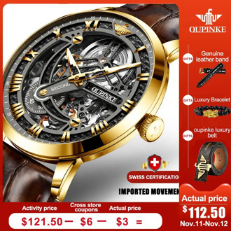 Luxury Men Mechanical Wristwatch Automatic Watch Men Classic Skeleton Leather Top Brand OUPINKE Transparent Sapphire Waterproof