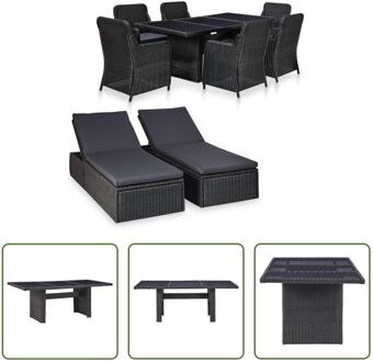 Luxury Poly Rattan Tuinset - Zwart en Donkergrijs - 200x100x74 cm - Inclusief 6 stoelen - 2 ligbedden