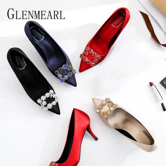 Luxury Women Wedding Shoes High Heels Rhinestone Stile Silk Pumps Pointed Toe Party Dress Sexy Shoes Thin Heels Autumn New 2020