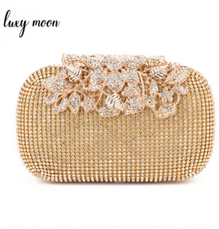 Luxy Moon Flower Crystal Women Clutch Bags Luxury Diamond Gold Color Evening Bags wedding Handbag Rhinestones Party Purse w326