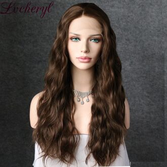 Lvcheryl Bruin Natuurlijke Lange Golvende Synthetische Lace Front Pruiken Hittebestendige Haar Pruiken Party Bruiloft Pruiken voor Vrouwen 26 inches