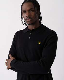Lyle & Scott katoenen merino heren gebreide polo met lange mouwen - maat S Zwart