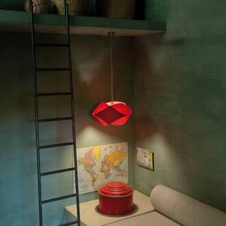 LZF hanglamp Nut, rood/nikkelkleurig, lengte 42 cm, hout rood, nikkel