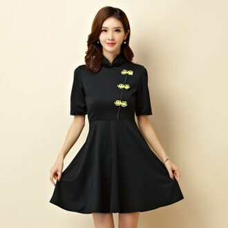 M ~ 3XL Plus Size Chinese Traditionele Vrouwen Stretch Knit Cheongsam Qipao Party Lady Grote Sexy Korte Midi Tuniek jurk Vestidos zwart / XL