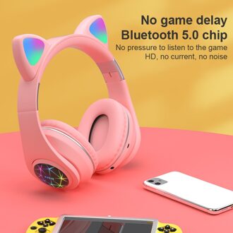 M2 Kat Oor Hoofdtelefoon Met Led Flash Light Bluetooth 5.0 Jongeren Kids Meisjes Headset Bluetooth Hoofdtelefoon Bluetooth Headset 04 roze