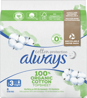 Maandverband Bio Cotton Protection Ultra Night met Vleugels 9 stuks