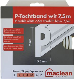 Mac Lean Tochtband P-profiel - Epdm-rubber - Wit - Zelfklevend - Deuren En Ramen - Kieren 2-5,5mm - 7,5m