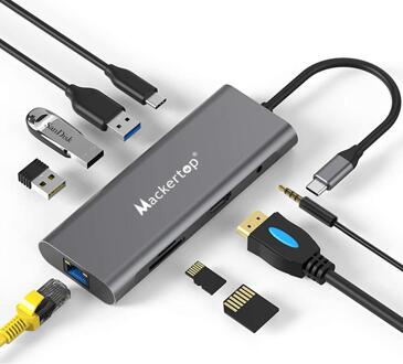Mackertop USB-C Hub Adapter Compatibel Voor Alle Computers, power 9-In-1 Usb C Hub Dongle Met 3X Usb 3.0, Micro Sd