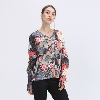Macro -bloemenprint en v -nekblouse Veelkleurig - L