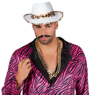 Maffia/gangster/Pooier verkleed set - 3 delig - heren - witte hoed - schakelketting goud - snorretje