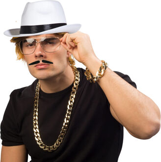 Maffia/gangster verkleed set - 4 delig - heren - witte hoed - ketting/armband goud - snorretje
