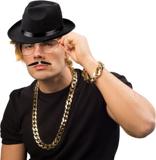 Maffia/gangster verkleed set - 4 delig - heren - zwarte hoed - ketting/armband goud - snorretje