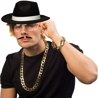 Maffia/gangster verkleed set - 4 delig - heren - zwarte hoed - ketting/armband goud - snorretje