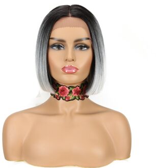 Magic 11Inches Zwart Bob Pruik Midden Deel Synthetische Front Lace Pruik Voor Zwarte Vrouwen Hoge Temperatuur Hittebestendige Vezel haar 3T1B-GWHT