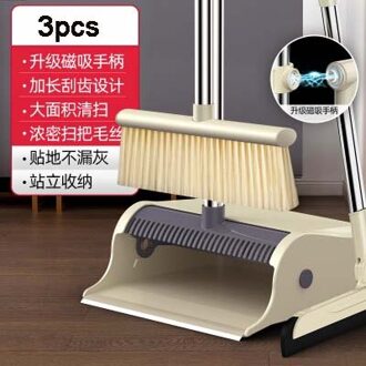 Magic Bezem En Stoffer Set Roestvrij Huishoudelijke Zachte Haar Floor Cleaning Bezem Magnetische Handvat Winddicht Stoffer Kruimel Collector khaki-3stk