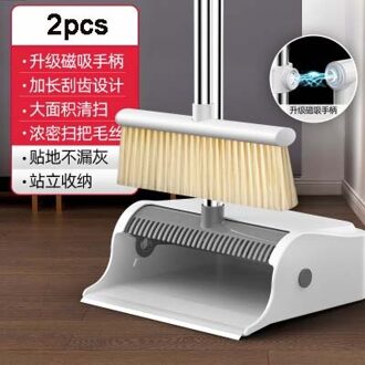 Magic Bezem En Stoffer Set Roestvrij Huishoudelijke Zachte Haar Floor Cleaning Bezem Magnetische Handvat Winddicht Stoffer Kruimel Collector wit-2stk