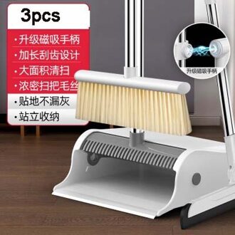 Magic Bezem En Stoffer Set Roestvrij Huishoudelijke Zachte Haar Floor Cleaning Bezem Magnetische Handvat Winddicht Stoffer Kruimel Collector wit-3stk