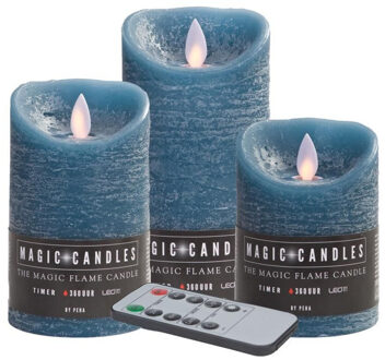 Magic Flame Kaarsen set van 3x stuks Led stompkaarsen jeans blauw met afstandsbediening