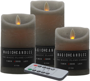 Magic Flame LED kaarsen/stompkaarsen set - 3x stuks - grijs - afstandsbediening