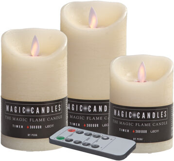 Magic Flame LED kaarsenset - 3x kaarsen - creme wit - afstandbediening - LED kaarsen Crème