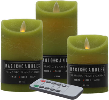 Magic Flame LED kaarsenset - 3x kaarsen - mos groen - afstandbediening - LED kaarsen