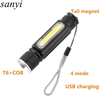 Magneet Camping Lamp usb Led Zaklamp T6 + COB Torch Oplaadbare Led Lantaarn 4 Modus Waterdicht Zoom 18650 Batterij Zaklamp