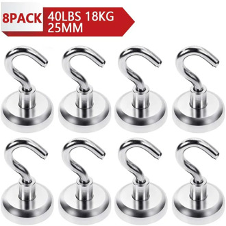 Magnetic Magnet Hook Super Strong Neodymium Versatile Use Kitchen Office Garage Pull Hold up 40 pounds(18KG) 8 Pack (25mm-8pc)