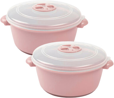 Magnetron schaal - 2x - met deksel / ventiel - 1 Liter - roze - kunststof - BPA vrij - 18 x 8 cm