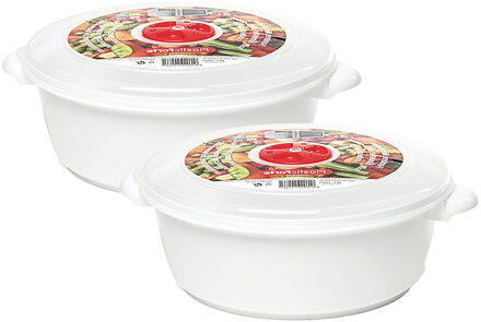 Magnetronschaal - 2x - deksel/ventiel - 2 liter - wit - kunststof - BPA vrij