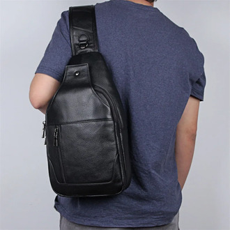 MAHEU Big Capacity Leather Chest Bag Men Real Cowskin Black Chest Packs Leather Sling Bags Single Shoulder Bagpack for male man