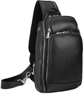 MAHEU Classic Black Leather Chest Bag With USB Function 100% Genuine Leather Chest Packs USB Sling Bags For Men outdoor hiking