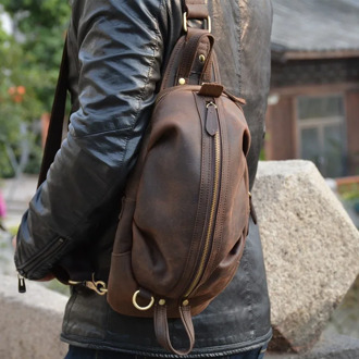 MAHEU Unique Men's Crazy Horse Leather Chest Bag Real Leather Cowhide iPad Mini Male Single Shoulder Back pack Crossbody Bags