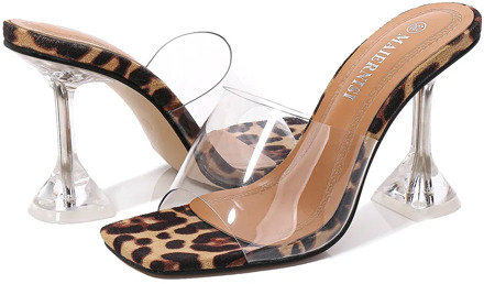 MAIERNISI Big Shoes 45 46 Leopard Print Sandals Open Toe High Heels Women Transparent Perspex Slippers Shoes Heel Clear Sandals