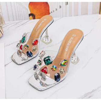 MAIERNISI Summer New Women Shoes Square Toe Rhinestone Sandals Diamante High Heels Peep Toe Ladies Shoes Silver Gold Black