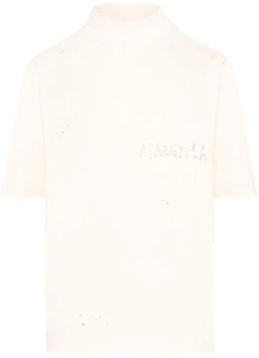MAISON MARGIELA Beige T-shirt met Logo Print en Verfspat Detail Maison Margiela , Beige , Heren - L,S,Xs