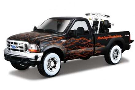 Maisto Modelauto Ford F-350 Pickup Met Harley Davidson Motor Zwart 20 Cm - Schaal 1:24 - Speelgoedauto - Miniatuurauto Multikleur