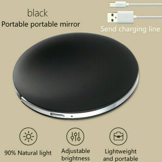 Make-up Cosmetische Opvouwbare Draagbare Compacte Pocket Spiegel met Led-verlichting Lampen Candy Kleur USB opladen draagbare ABS Spiegel zwart